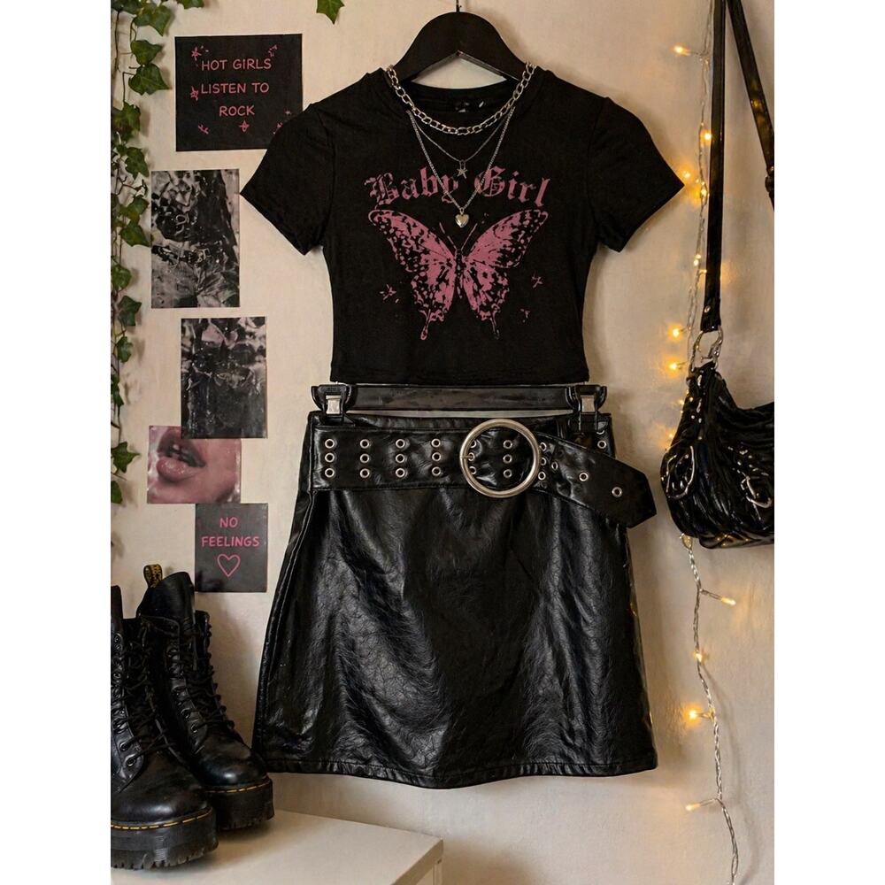 Y2K Faux Leather Mini Skirt Belted Grommet Black Joe Boxer 7/8